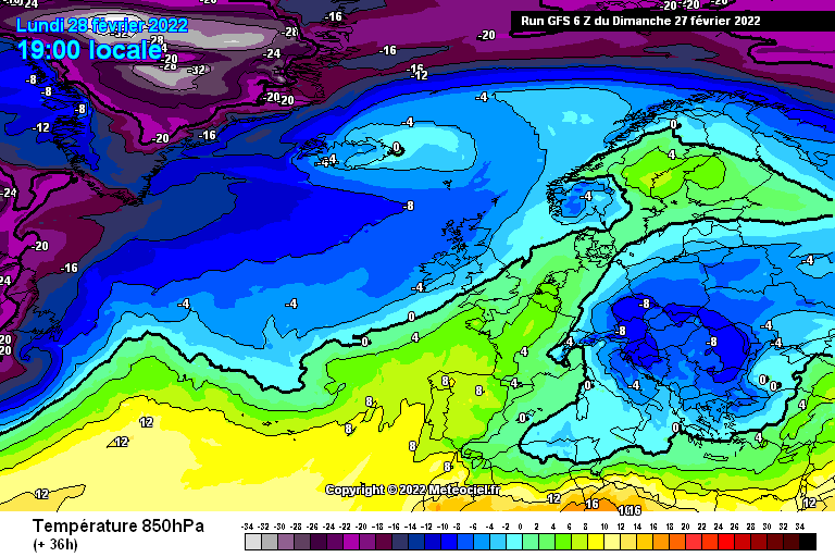 Avvio di Settimana ancora Instabile e Freddo - Mappa Temperature 850hpa Europa